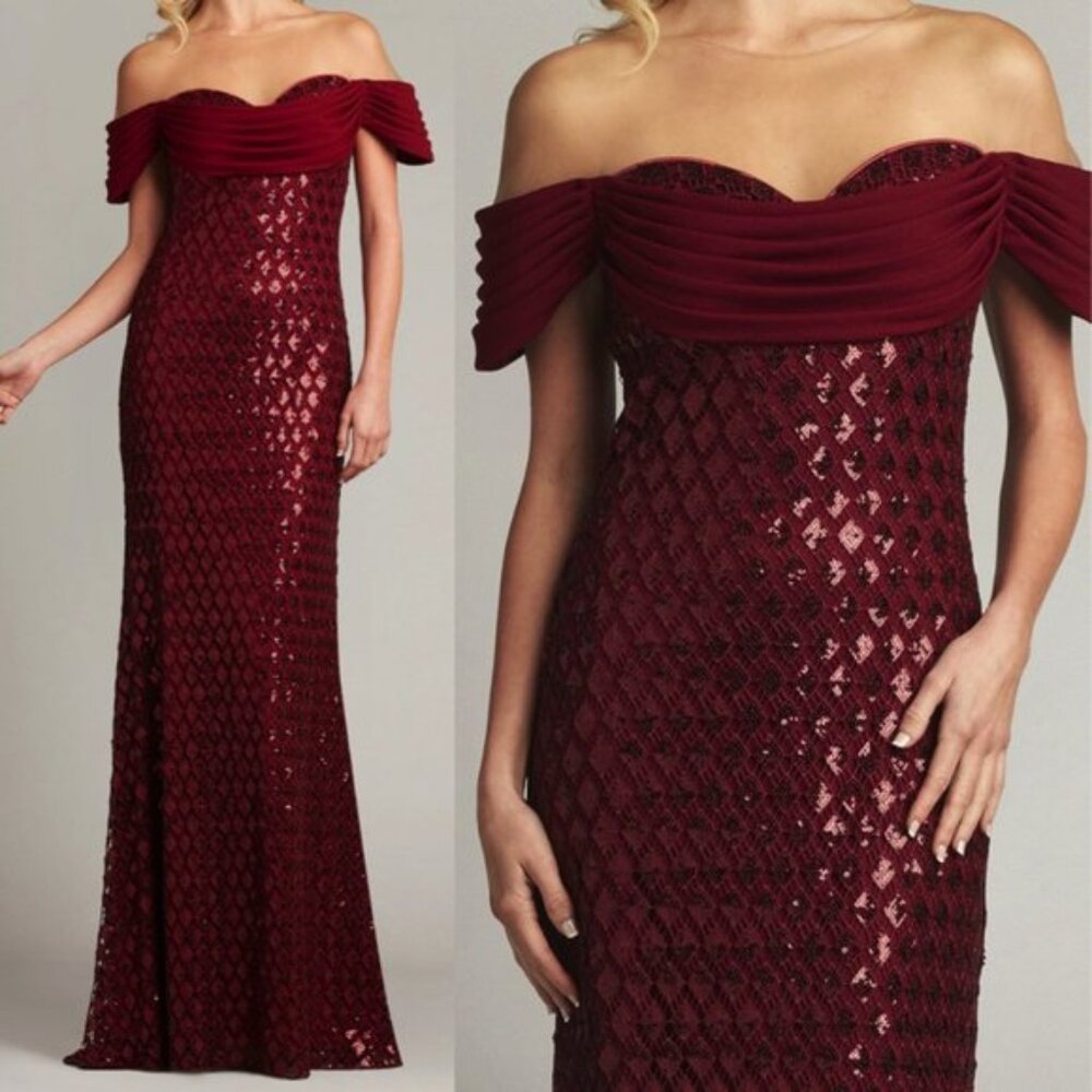 Tadashi Shoji Pomegranate Sebastian Sequin Lace Gown - Picture 1 of 3